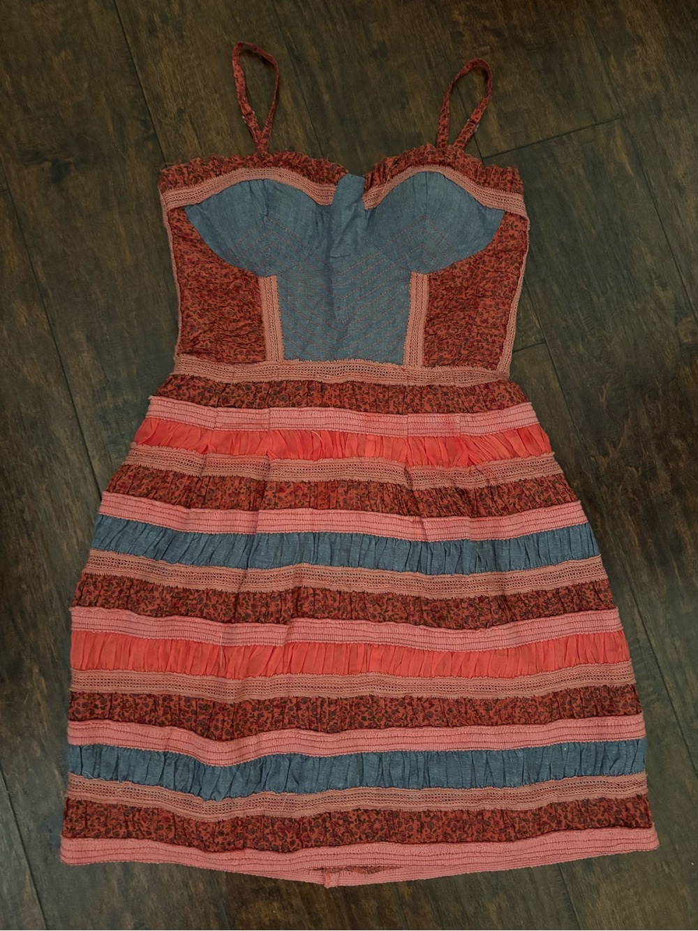 Vintage Y2K American Rag Striped Lace-Trim Mini Dress in Coral and Denim - XS - Picture 2 of 11